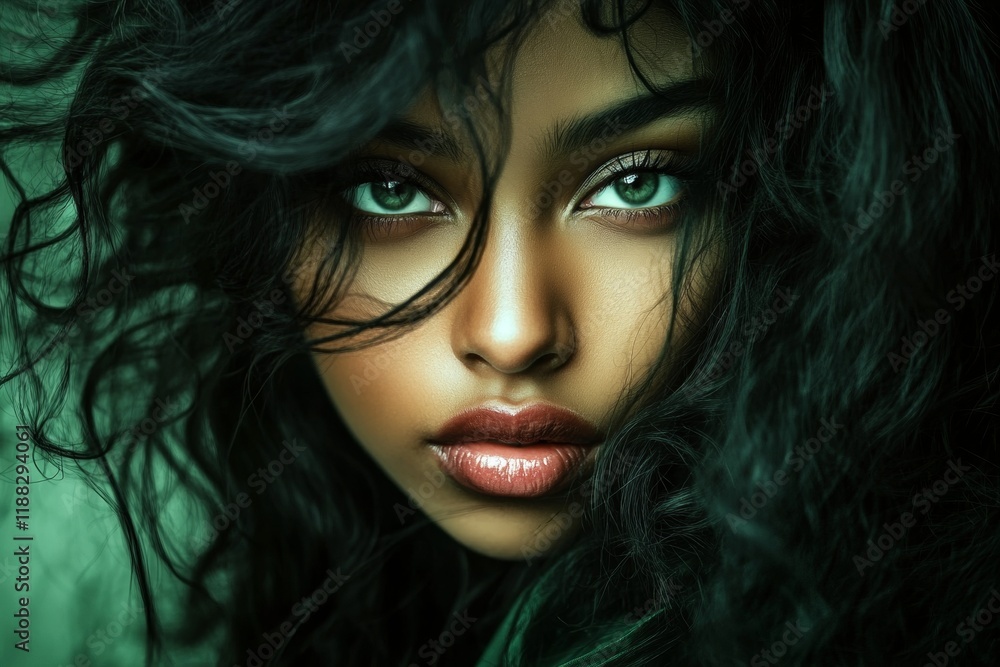 Naklejka premium Long hairdo - curly hair. Commercial marketing graphic layout. Lovely calm mixed-race girl - for ads, magazine ad and web use. African american expressionism. Black girl fashion concepts.