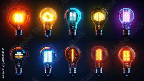 An image of a set of Glowing light bulb on a dark background representing innovation and energy, Image may use in Electrical or Electronics Engineering project or Educational Purpose photo