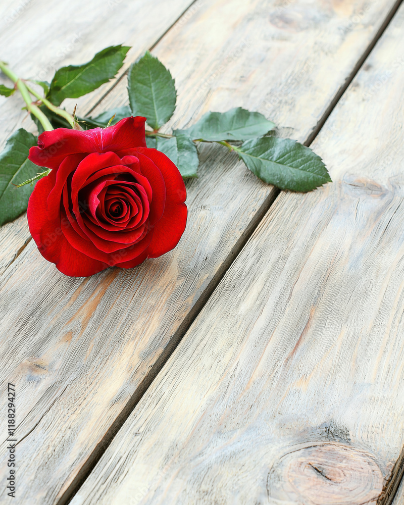 vibrant red rose with green leaves resting on rustic wooden surface, showcasing natural beauty and elegance vibrant red rose with green leaves resting on rustic wooden surface, showcasing natural beauty and elegance