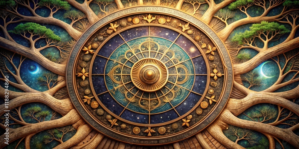 An intricate diagram of the zodiac wheel is nestled within the trunk of a ancient tree, surrounded by swirling patterns that evoke the cycles of the cosmos, cycles, symbolic An intricate diagram of the zodiac wheel is nestled within the trunk of a ancient tree, surrounded by swirling patterns that evoke the cycles of the cosmos, cycles, symbolic