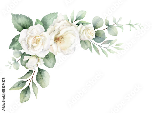 Watercolor vector corner border frame with green eucalyptus leaves and white roses. Greenery clipart for wedding invitation, greeting cards, save the date, stationery design. Hand drawn illustration.