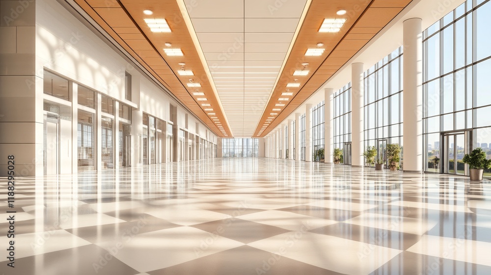 Sunlit modern convention center hallway with checkered floor and large windows. Sunlit modern convention center hallway with checkered floor and large windows.