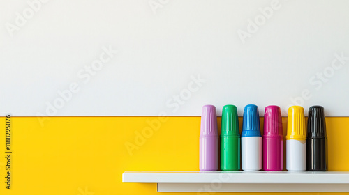 Close-Up of Whiteboard Markers on a Shelf with Blank Yellow and White Board in Background, Perfect for Education and Creative Concepts