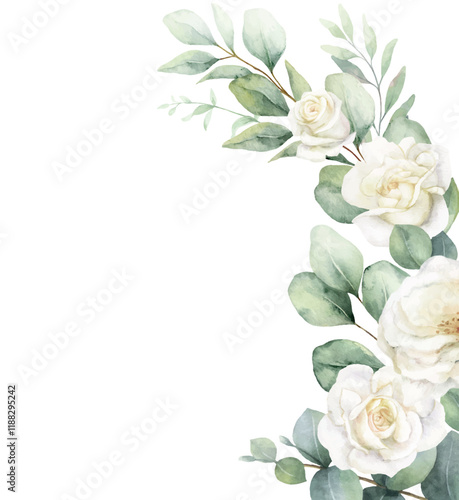Watercolor vector wreath of ivory rose, sage green foliage, greenery and eucalyptus leaves. Floral background. Perfect for wedding, greetings, wallpapers, fashion, fabric. Hand painted illustration.