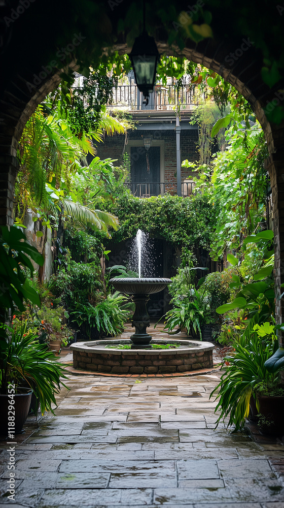Arched trellis standing in front of a fountain in the middle in an exquisite courtyard with plants.