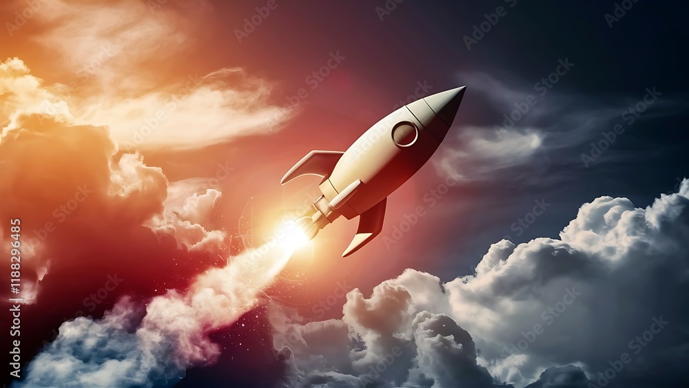 A rocket ascending into the sky with its engines firing and a dramatic sky with a mix of dark and light clouds A rocket ascending into the sky with its engines firing and a dramatic sky with a mix of dark and light clouds
