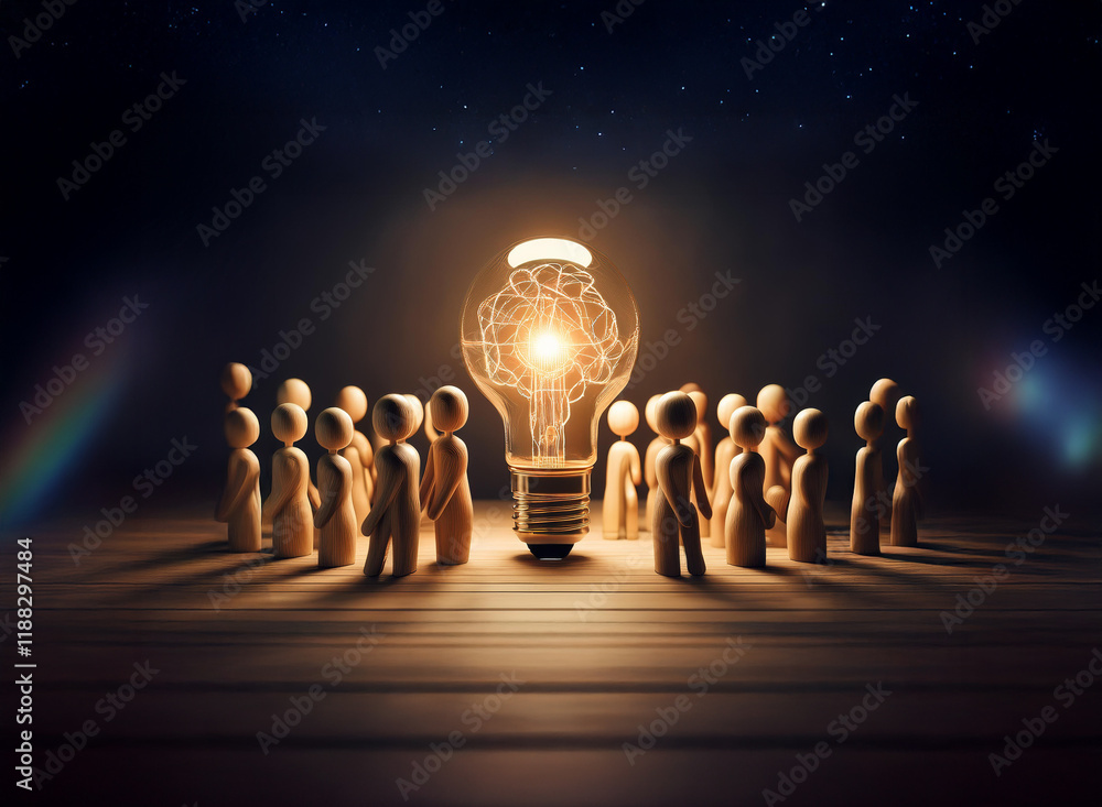 A glowing lightbulb illuminates a circle of wooden figures, symbolizing shared knowledge and collaborative innovation in a dark setting. A glowing lightbulb illuminates a circle of wooden figures, symbolizing shared knowledge and collaborative innovation in a dark setting.