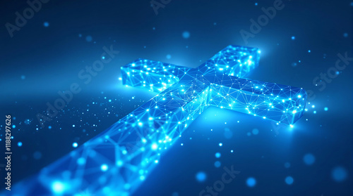 Blue glowing cross, rendered with interconnected points and lines, against a blurred background. Ideal for religious themes, particularly Christianity, representing faith, hope, and spirituality.

