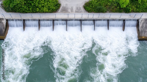 Aerial view of powerful water flow over dam with green foliage photo