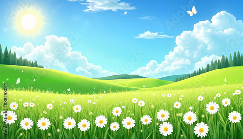 Lush green meadow filled with daisies under sunny sky, nature's beauty