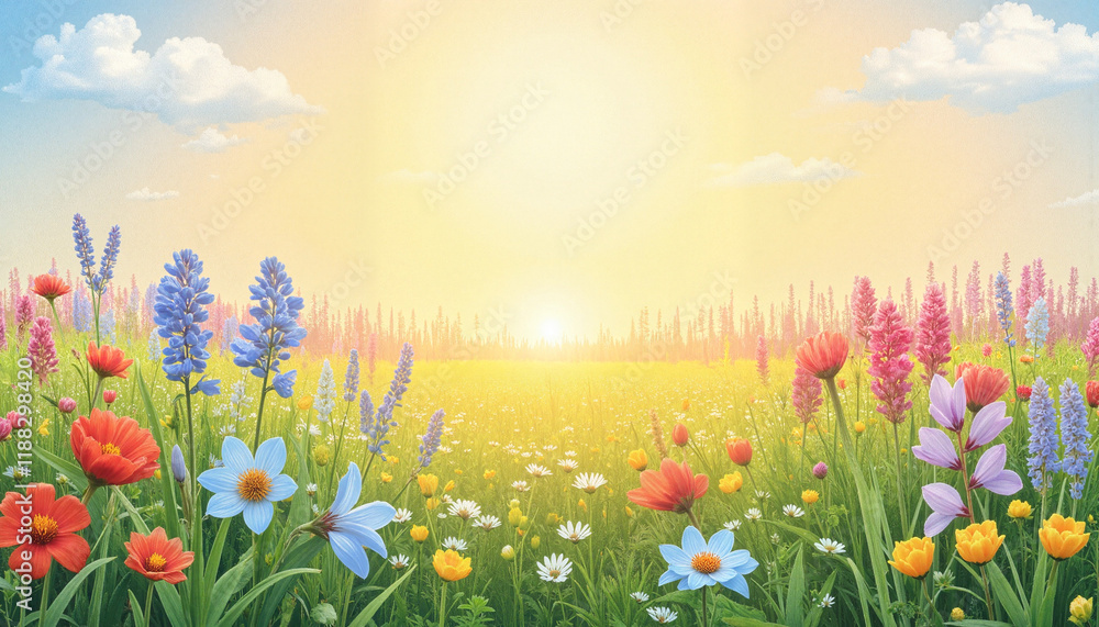 Fototapeta premium Vibrant wildflowers blooming in golden field, spring beauty