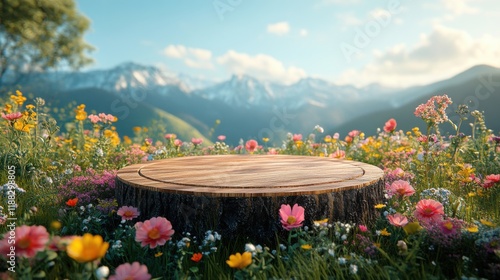 Fototapeta Naklejka Na Ścianę i Meble -  A round podium surrounded by flowers and grass, with a mountain background, a product display platform suitable as a children's background or presentation stage design