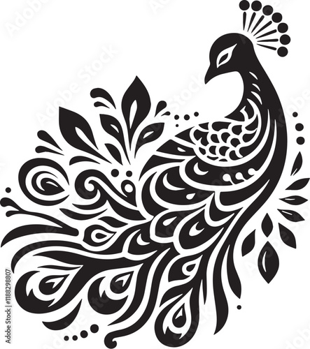 Peacock Silhouette line art vector illustration on white background photo