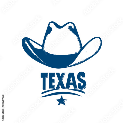 Stylized cowboy hat with bold Texas lettering and star emblem captures state pride