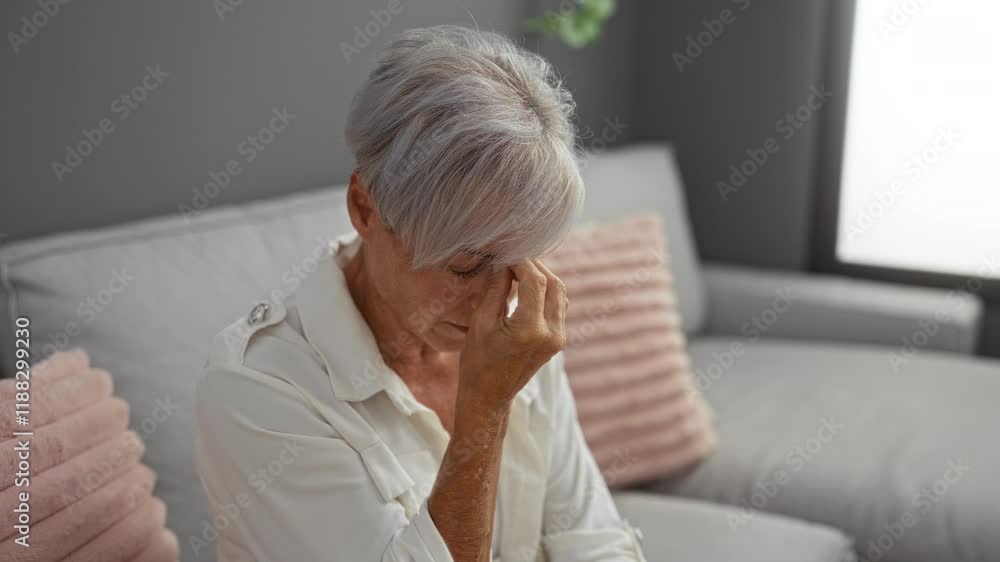 Woman feeling stressed and covering her face with hand while sitting in a cozy living room with grey sofa and pink cushions Woman feeling stressed and covering her face with hand while sitting in a cozy living room with grey sofa and pink cushions