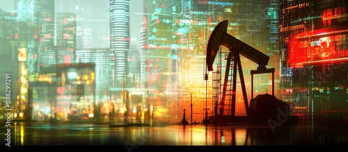 Oil pump silhouette against a futuristic city skyline at night, reflecting energy and finance. photo