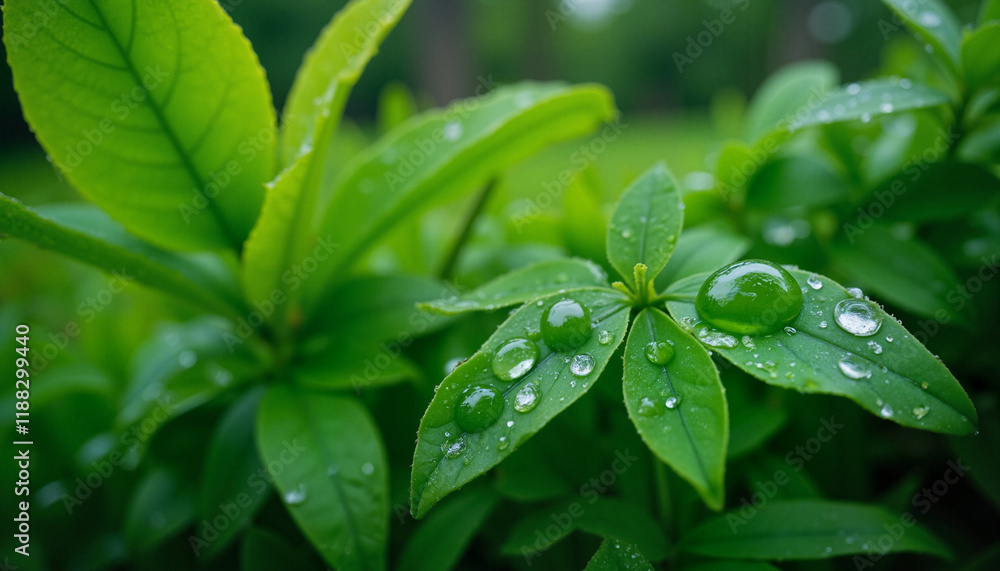 Raindrops sparkling on green leaves in soft light, spring freshness Raindrops sparkling on green leaves in soft light, spring freshness