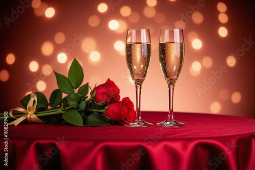 Two champagne flutes roses on red tablecloth bokeh background