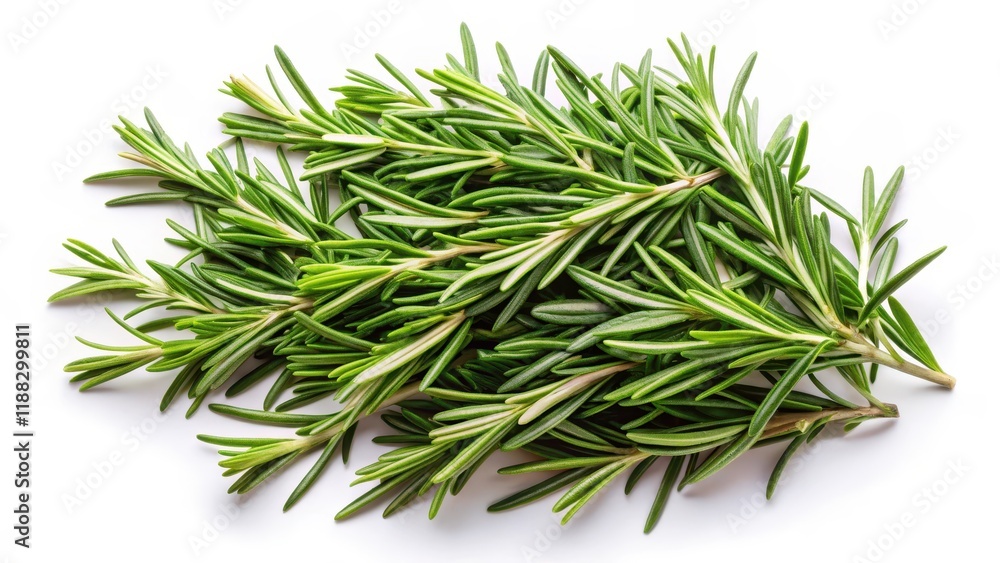 Freshly harvested rosemary leaves scattered on a white background, with individual leaves isolated and illuminated for detailed study, greenery, foliage Freshly harvested rosemary leaves scattered on a white background, with individual leaves isolated and illuminated for detailed study, greenery, foliage