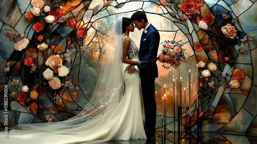 Stained glass suncatcher depicting a romantic wedding scene. Bride in a flowing white wedding gown with intricate lace patterns and a long veil, standing next to a groom in a classic blue suit. photo