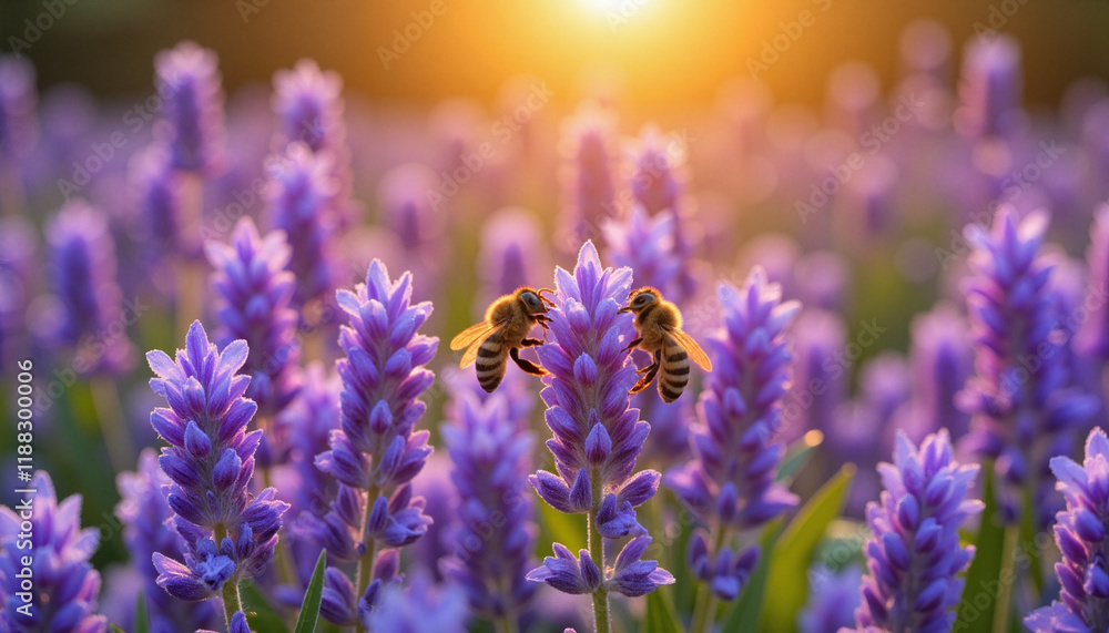 Obraz premium Bees pollinating lavender flowers at sunset, harmony in nature