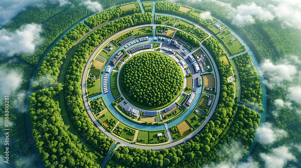 Obraz premium Aerial view of a circular, futuristic city integrated with lush greenery, suggesting an eco-friendly design. Ideal for sustainability, urban planning, and environmental concepts.