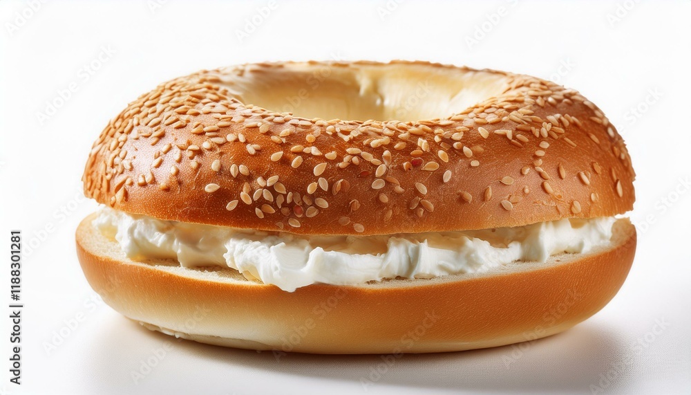 Single sesame bagel with cream cheese in a plate on white background Single sesame bagel with cream cheese in a plate on white background