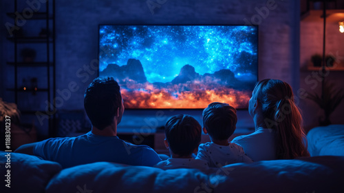 Family watching a movie on a large TV at home, at night. The father, mother, and children are sitting together on the sofa, enjoying a film or series with surround sound.