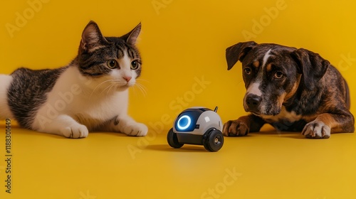 Cat and Dog Observe Small Robot Toy Together