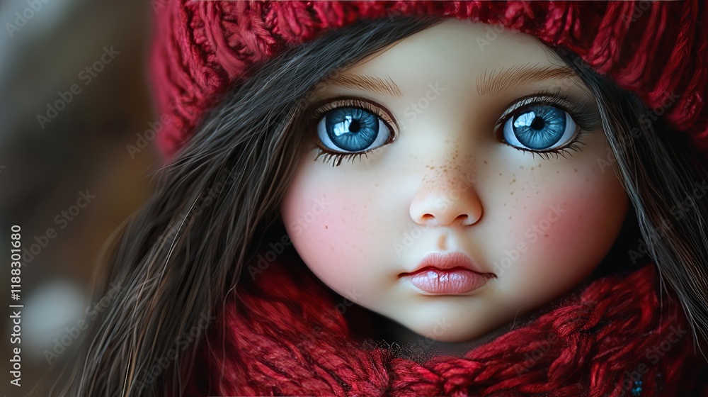 Close-up of a doll with captivating eyes and a wintery outfit. Close-up of a doll with captivating eyes and a wintery outfit.
