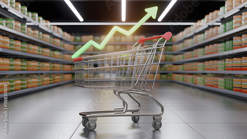 Wallpaper Mural An empty shopping cart in a grocery store aisle with a rising arrow graph, symbolizing increasing grocery prices and inflation trends. Torontodigital.ca