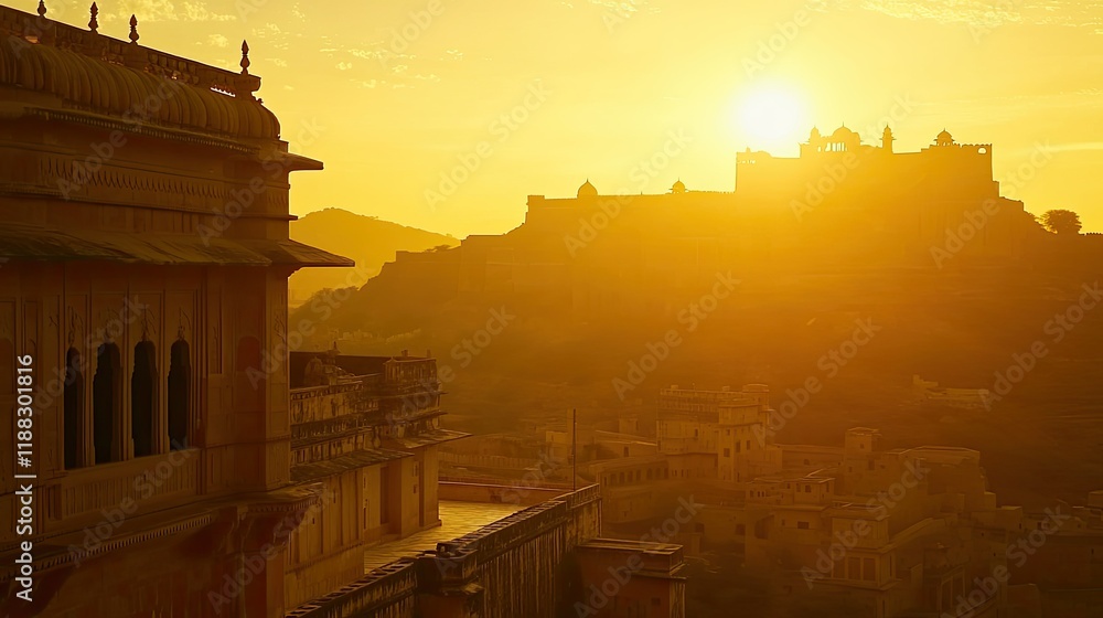 Obraz premium A stunning view of Jaswant Thada with Mehrangarh Fort in the background at sunset, with golden hues and ample copy space69