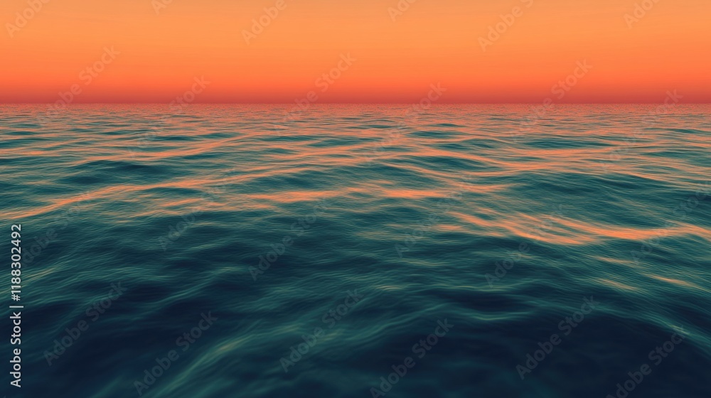 Obraz premium Tranquil Ocean Sunset, serene view of an ocean at dusk, vibrant orange and pink hues merging over gentle waves, peaceful and soothing ambiance
