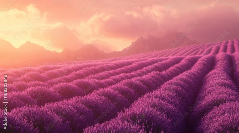 Fototapeta premium Tranquil Lavender Field, serene rows of vibrant blooms, gentle light, evoking calmness and peace, perfect for relaxation and inspiration