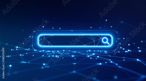 Futuristic search bar with glowing blue outline and magnifying glass icon, on a network background. Ideal for AI, technology, search, interface, and futuristic design visuals.

