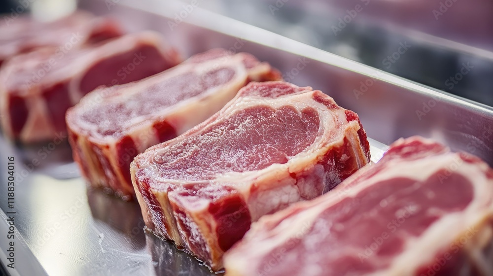 Fototapeta premium Fresh pork cuts being portioned on an automated assembly line, with room for branding or text