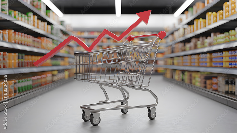 An empty shopping cart in a grocery store aisle with a rising arrow graph, symbolizing increasing grocery prices and inflation trends. An empty shopping cart in a grocery store aisle with a rising arrow graph, symbolizing increasing grocery prices and inflation trends.