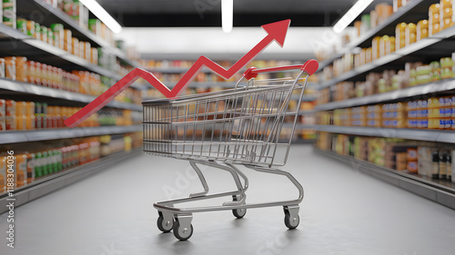 Wallpaper Mural An empty shopping cart in a grocery store aisle with a rising arrow graph, symbolizing increasing grocery prices and inflation trends. Torontodigital.ca