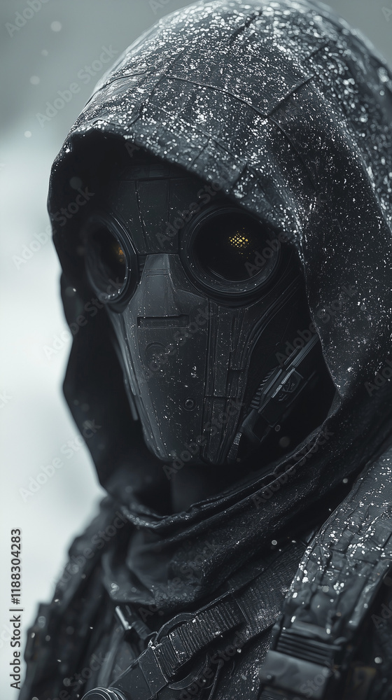 Futuristic hooded figure in a snowy environment, wearing a detailed mask with glowing eyes Futuristic hooded figure in a snowy environment, wearing a detailed mask with glowing eyes