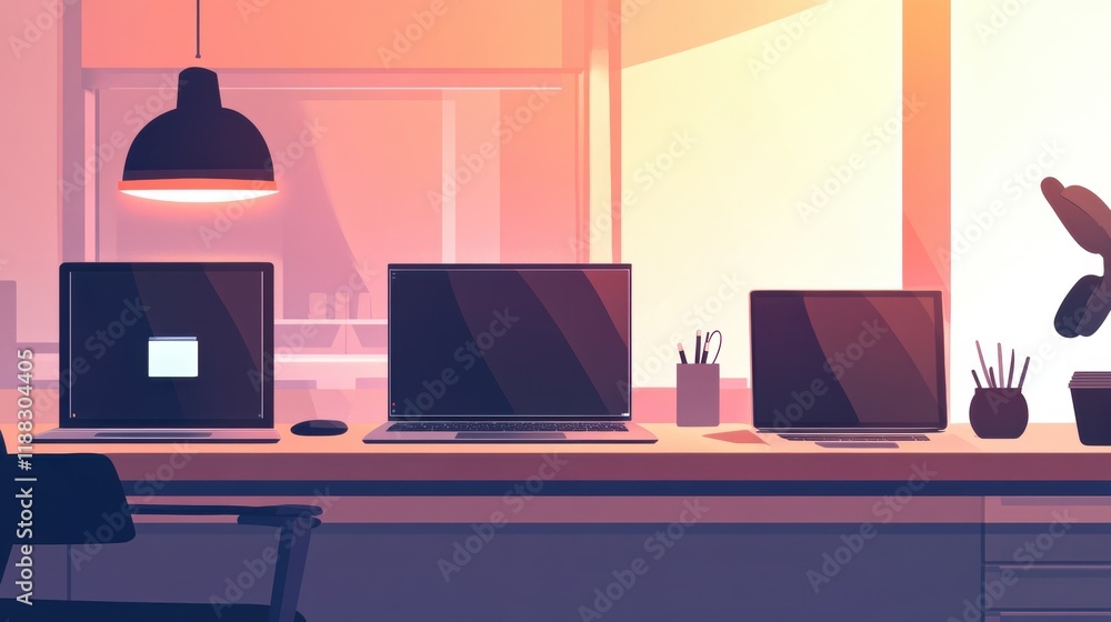 Fototapeta premium Modern office technology clipart showcasing laptops, tablets, and accessories in a sleek workspace environment