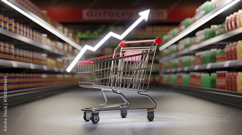 custom made wallpaper toronto digitalAn empty shopping cart in a grocery store aisle with a rising arrow graph, symbolizing increasing grocery prices and inflation trends.