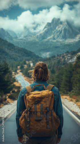 Wallpaper Mural Man traveling with SUV car, family on mountains, holiday vacation, car park on road, back view of car with bags. Torontodigital.ca
