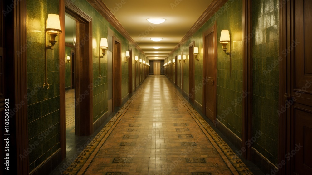 Mysterious Green Corridor: A Long Hallway with Wooden Doors and Green Walls Mysterious Green Corridor: A Long Hallway with Wooden Doors and Green Walls