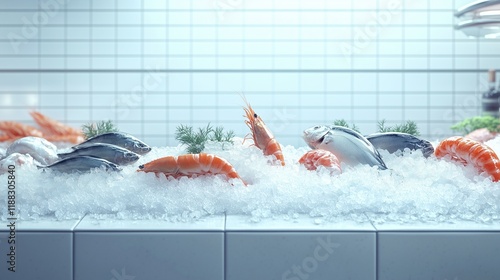 A fresh seafood counter with neatly arranged fish and shrimp on crushed ice, framed by clean white tiles.