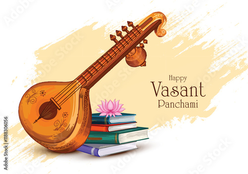 Happy vasant panchami indian festival card with veena illustration background
