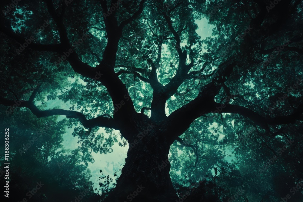 Dark Silhouette Of An Old Ash tree With Fresh Green Crown Viewed Upwards Dark Silhouette Of An Old Ash tree With Fresh Green Crown Viewed Upwards
