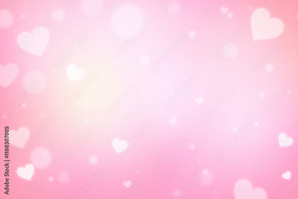Pink gradient background with heart shapes and bokeh like effects