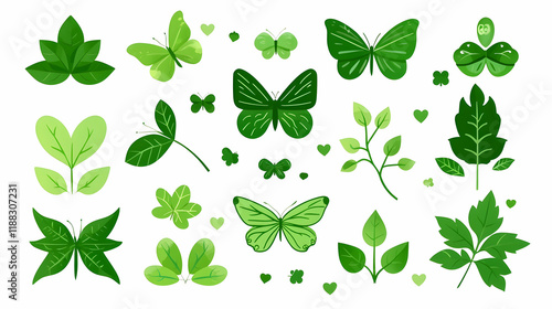 Green leaves and butterflies illustration; nature elements; white background; eco design; website graphics