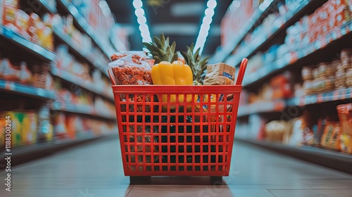 Shopping Basket Filled with Fresh Groceries at Supermarket photo