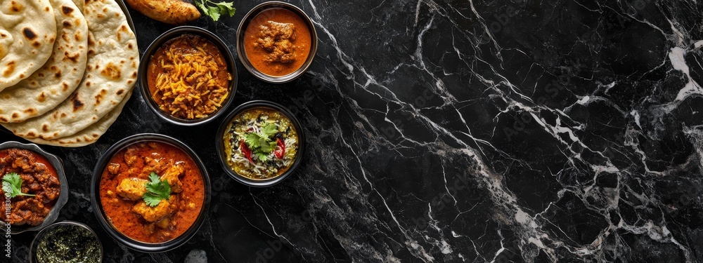 Assorted Indian dishes, naan bread, curries, and side dishes on a black marble background. Assorted Indian dishes, naan bread, curries, and side dishes on a black marble background.